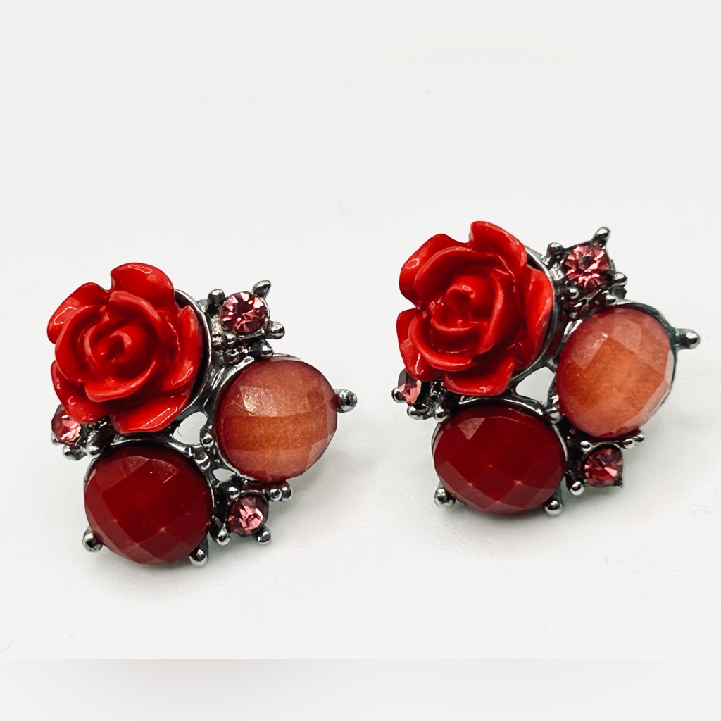Exquisite Vintage Rhinestone & Coral Rose Flower Floral Pierced Earrings